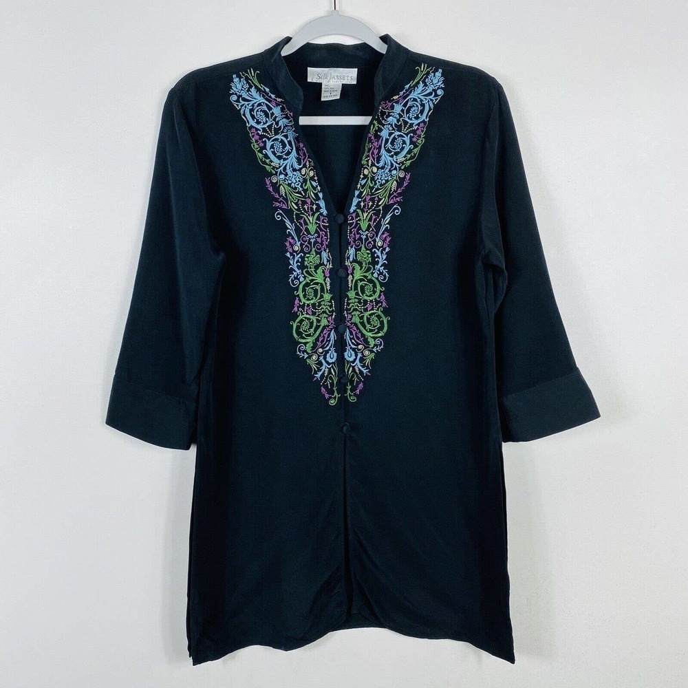 Vintage 90s Diane Von Furstenberg Silk Assets Size Small Black Embroidered Tunic